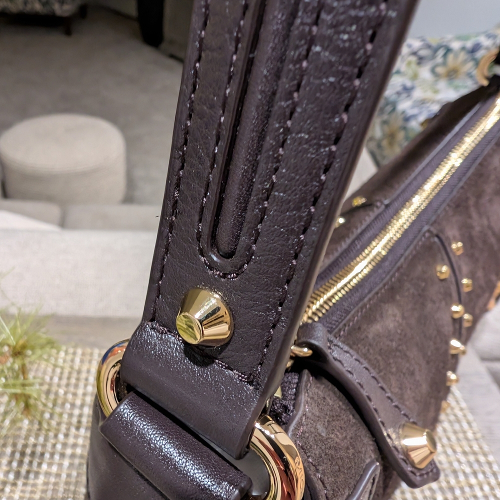 Michael Kors Chocolate Brown Suede Shoulder Bag with Gold Accents - Picture 6 of 9